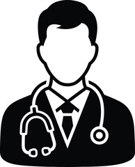Black and white icon of a male doctor wearing a stethoscope and tie physician medical