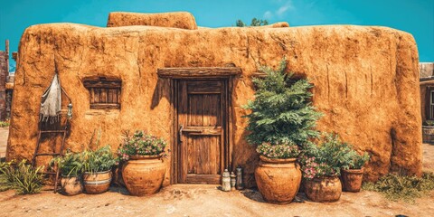 Rustic  dwelling with wooden door and potted plants under a clear sky.