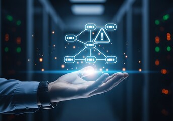 A hand presents a network diagram with a warning sign, symbolizing network security, data breach, and cybersecurity threats in a modern server room environment