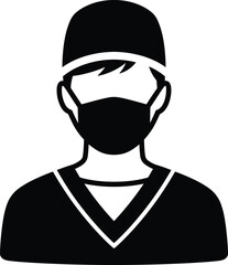 Black and white icon of a medical professional wearing a surgical cap and mask doctor surgeon