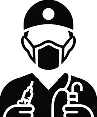 Black and white icon of a medical professional holding syringe and stethoscope doctor nurse