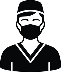 Black and white icon of a person wearing a surgical cap and face mask medical healthcare