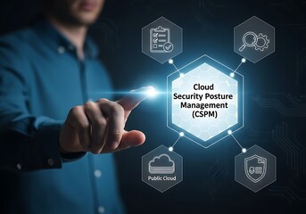 A person interacts with a digital interface displaying cloud security posture management cspm, emphasizing cloud security, compliance, and risk management in a modern tech environment