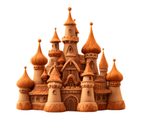 Sandy fairytale castle with multiple towers and domes on a transparent background, cut out