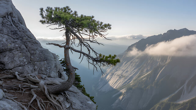 Lone pine tree clings to a steep cliff overlooking a misty mountain valley