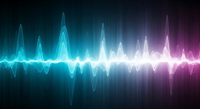 Abstract audio waveform visualization with vibrant blue and pink hues, representing sound waves, music, frequency, and digital signal processing