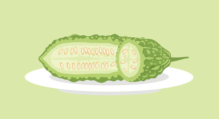 Bitter Gourd Illustration Displaying Green Vegetable Sliced and Presented on a Plate
