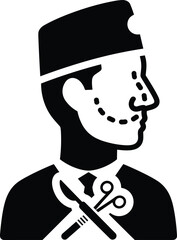 Black and white icon of surgeon with scalpel and scissors for plastic surgery medical