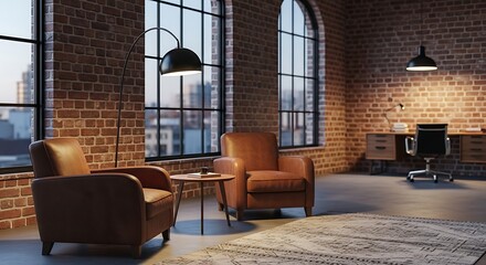 Cozy interior design with brick wall and leather armchairs and natural light
