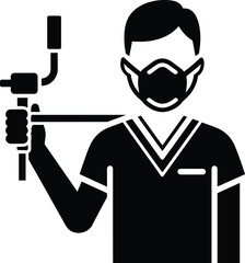 Black icon of a person in scrubs and mask holding medical equipment healthcare doctor
