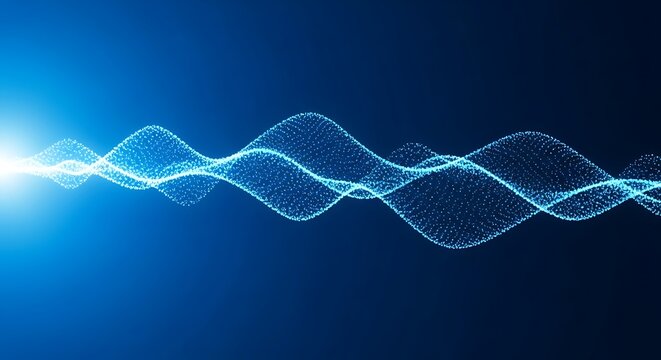 A mesmerizing abstract wave of glowing blue particles gracefully flowing across a dark background, creating a sense of movement and energy