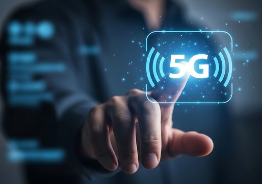 5g technology concept man touching a digital screen with the words 5g and icons representing wireless communication, high speed internet, and mobile network - Powered by Adobe