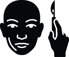 Black icon of face and hand holding scalpel for cosmetic surgery head human