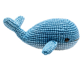 Blue Knitted Whale Toy on a transparent background, cut out