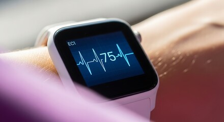 Closeup of a smartwatch displaying a heart rate of 75 bpm, showcasing modern health monitoring technology and personal wellbeing tracking in action