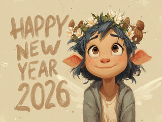 Text "Happy New Year 2026" card, with a cute little girl with a wreath on her head. Horizontal format for cards.