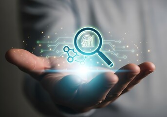 A hand holding a magnifying glass with a house inside, representing real estate search and property investment, with a network icon for connection and data analysis