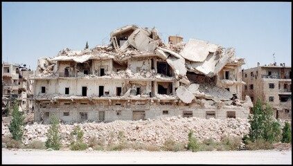 Ruined buildings stand amidst rubble under a clear sky.