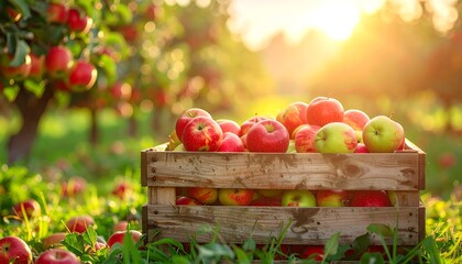Red and yellow apples fill a wooden crate in a sunlit orchard, evoking harvest season and abundance