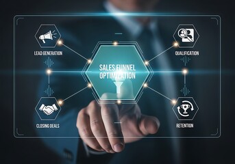 Sales funnel optimization concept with lead generation, conversion, commitment, and retention icons, a businessman touching the virtual screen, business and technology concept