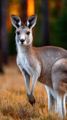 Fototapeta premium Kangaroo standing gracefully in golden grass during a breathtaking sunset