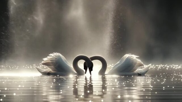 two swans swimming in beautiful light