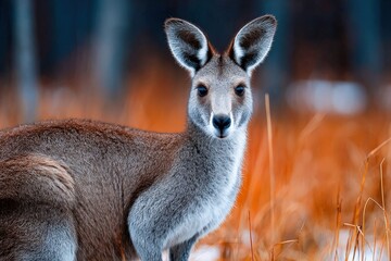 Fototapeta premium Kangaroo stands in golden grass during a vibrant sunset in Australia