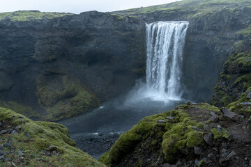 A cascading waterfall along the Skóga River in southern Iceland, part of the spectacular Fimmvörðuháls trail