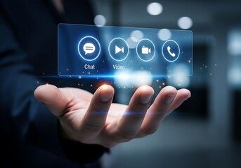A hand holding a digital interface with icons for chat, video, camera, and phone, representing communication, connectivity, and modern technology in business and personal life