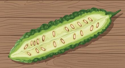 Bitter Melon: A Detailed Vector Illustration Showcasing Internal Anatomy and Seed Structure