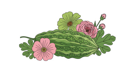 Bitter Melon Arrangement Featuring Flowers and Leaves Vibrant Nature Illustration