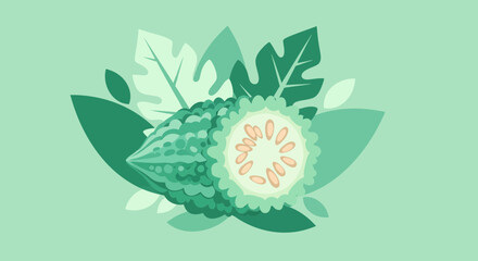 Bitter Melon Illustration: A Vibrant Botanical Depiction on a Mint-Green Backdrop