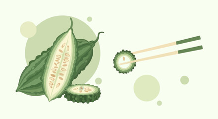Bitter Melon Illustration Depicting Food Preparation and Presentation, Vector Style