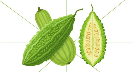 Bitter Melon Illustration Depicting The Entire Vegetable And a Section Cut Open.