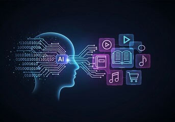 Artificial intelligence concept with digital brain and icons representing various online activities such as learning, entertainment, and shopping, showcasing the integration of ai in daily life