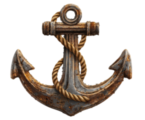Antique Rusty Ship Anchor with Thick Rope Detail on a transparent background, cut out