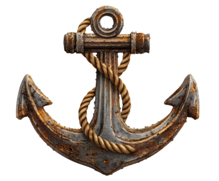 Antique Rusty Ship Anchor with Thick Rope Detail on a transparent background, cut out