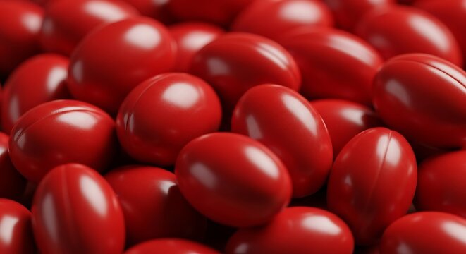 A closeup of a pile of glossy red capsules or pills, creating a vibrant and textured background