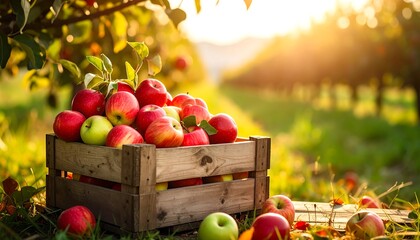Red apples in wooden crate, orchard background, golden sunlight, green grass