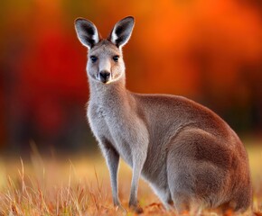 Fototapeta premium Lone kangaroo stands in golden grass during vibrant sunset at the outback