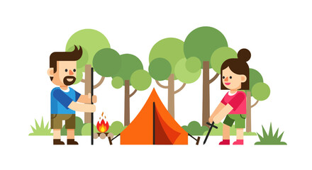 Camping Adventure: Couple Preparing The Tent And Fire In The Forest