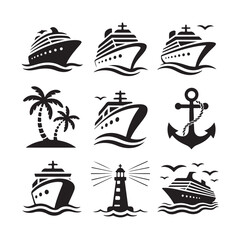 Set of nautical icons featuring cruise ships, palm trees, and a lighthouse vector graphics design