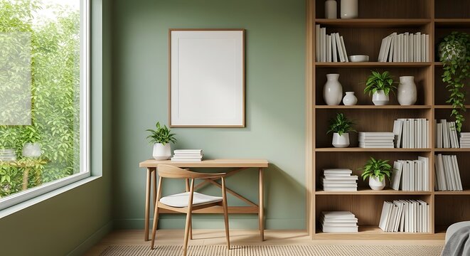 Modern home office interior design with desk chair and bookcase - Powered by Adobe