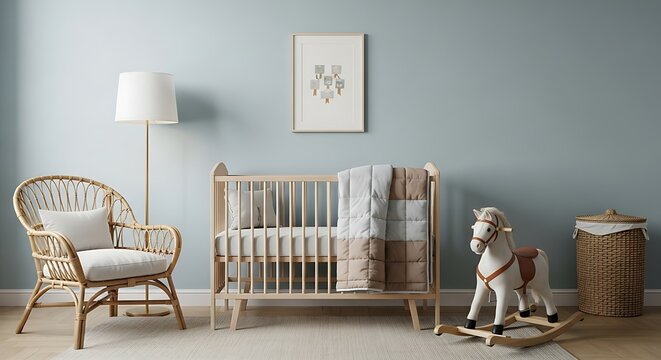 Peaceful nursery room decor with crib rocking horse and wicker chair
