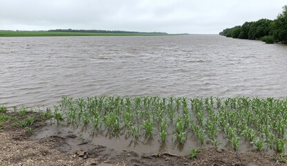 Young corn plants submerged in floodwaters under a cloudy sky.