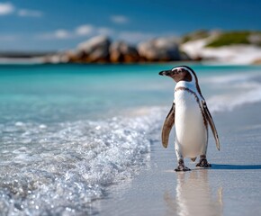 Obraz premium Lone penguin strolls along smooth shoreline of turquoise sea