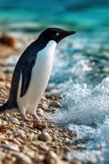 Fototapeta premium Lone penguin walks along smooth shore of turquoise sea at sunset