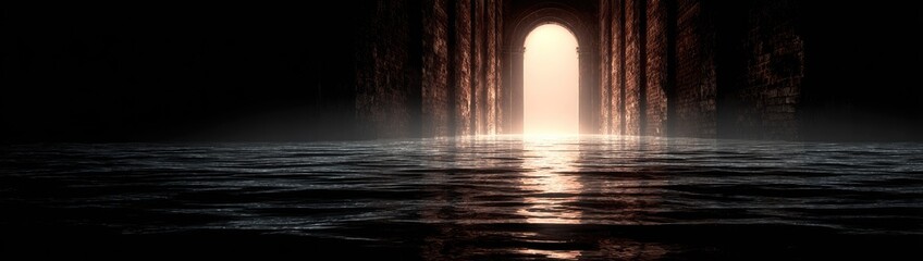 A luminous archway opens to bright light over dark rippling water.