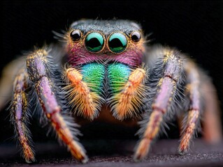 Colorful jumping spider displays vibrant features in macro close-up shot