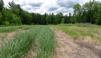 Rows of tall green grass grow beside dry stubble in a field.